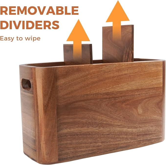 Large Acacia Wood Utensil Holder with 3 Compartments for Kitchen Counter, Extra Large Farmhouse Wooden Utensil Organizer for Cooking Tools and Silverware - Image 4