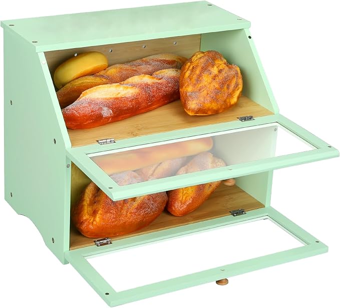 HOMEKOKO Double Layer Bread Boxes for Kitchen Countertop, Mint Green | Keeps Bread Fresh 3-4 Days, Large Capacity Fits 2+ Loaves, Suitable For Home Kitchen Food Storage Use, See-Through Window - Image 8