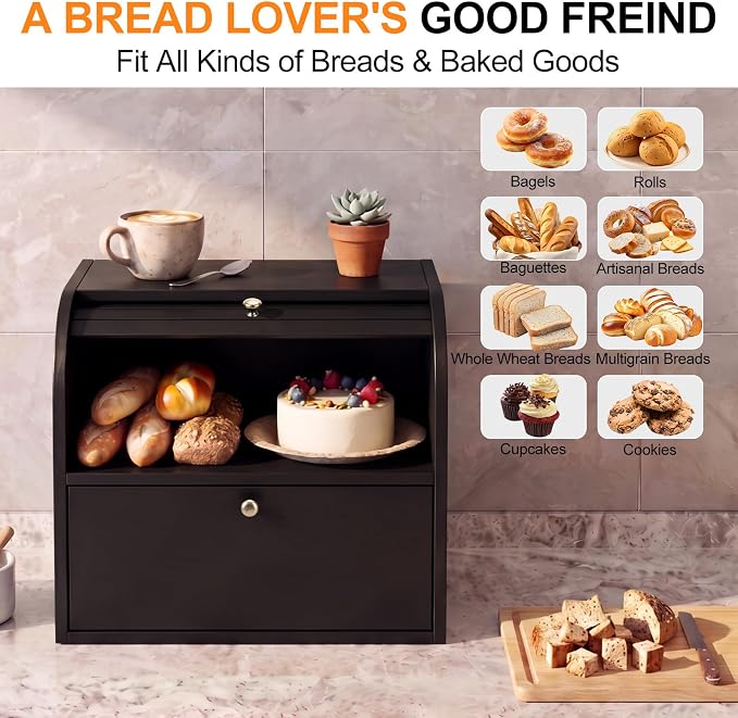 Alpeir Roll Top Bread Box with Cutting Board for Kitchen Countertop, Black | Large Breadbox with Ventilation Holes, Double Layer Pantry Shelf, Wooden Homemade Bread Storage Container, Vintage Farmhouse - Image 5