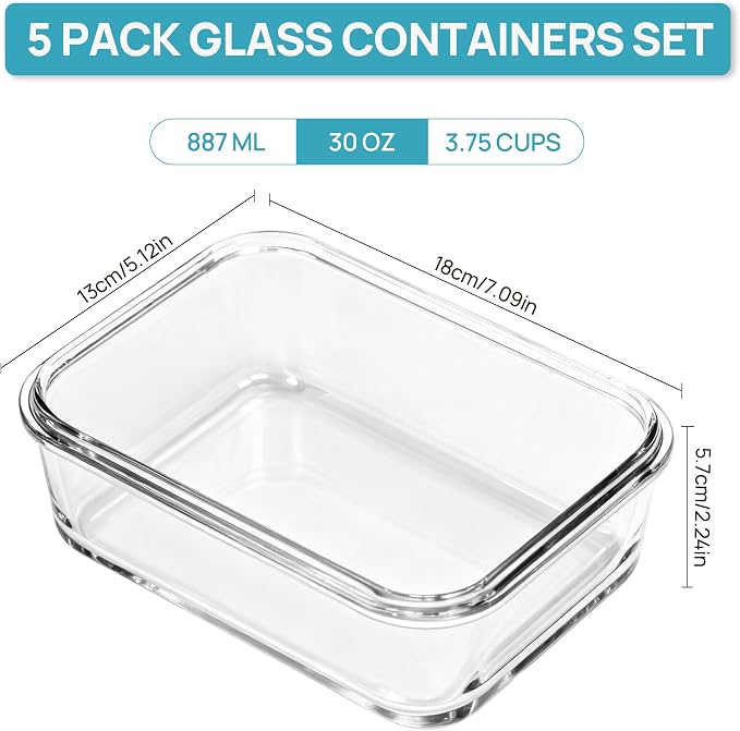 Vtopmart 5Pack 30oz Glass Meal Prep Container Sets with Lids, Grey | Glass Food Storage Containers, Snap Airtight Lid, For Microwave, Oven, Freezer and Dishwasher Safe, BPA Free - Image 2