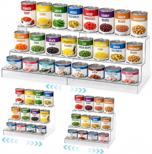 Expandable Can Rack Organizer for Pantry:3-Tier Clear Acrylic Canned Food Storage Holder, Adjustable Pantry Shelf for Kitchen Cabinet & Countertop, Holds Up to 24 Cans by WOWNNIC
