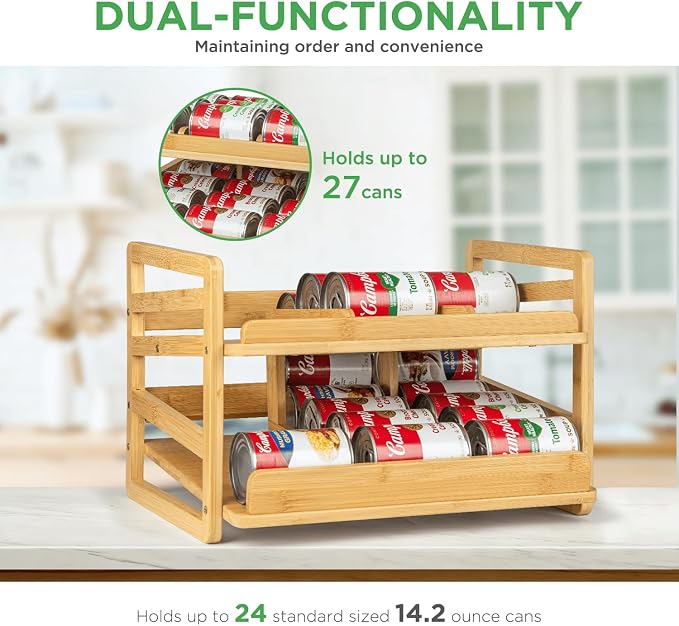 2 Tier Bamboo Rolling Can Rack Organizer for Pantry Up To 27 Cans | Stackable Canned Food Organizer Rack for Storage, Kitchen Cabinet, Can Holders Dispensers for Pantry - Image 4