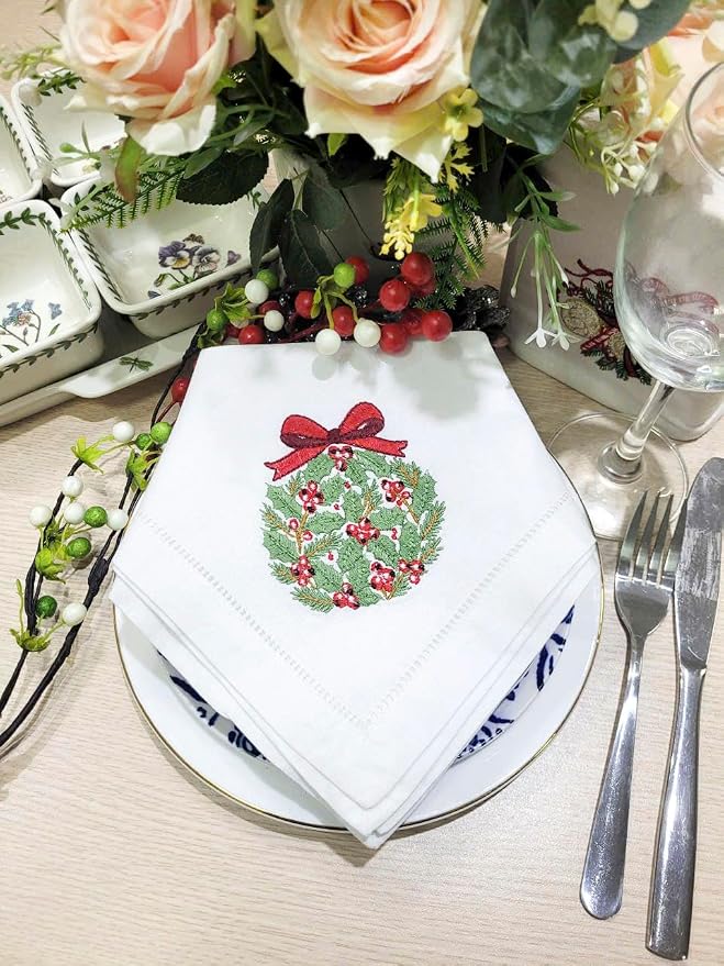 Embroidered Cloth Napkin Pine Christmas Wreath Cotton Napkins Set of 6, 20 x 20 Hemstitch Table Napkins, Machine Washable, for Daily & Holiday Dining, Great Gift Ideas - Image 6