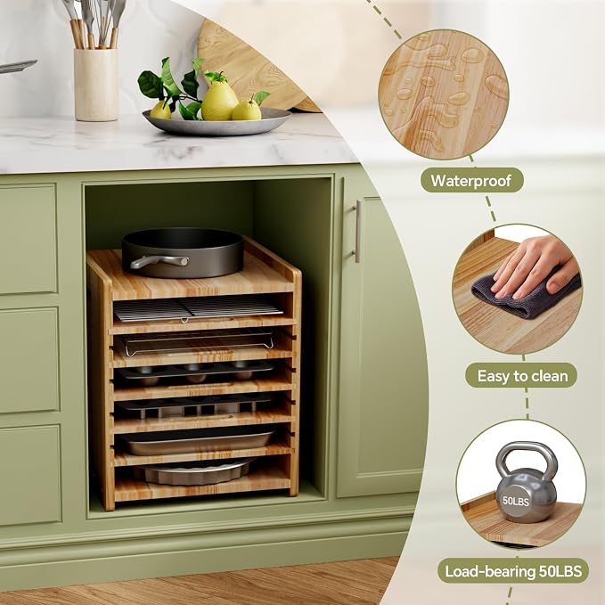7 Tiers Cookie Sheet Organizer for Cabinet, Wooden Tray Dividers for Kitchen Cabinets Baking Sheet Pan Organizer, for Heavy Pans, Cutting Board, Bakeware, Kitchen Cupboard Storage, Solid Wood - Image 4