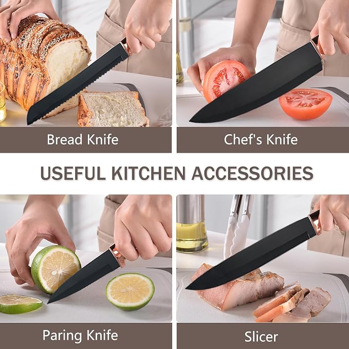 Cooking Utensils Set,19 Kitchen Set Utensils Set with 11 Pieces Spatula Cooking Utensils,Heat Resistant Silicone Utensils 6 Piece Sharp Knife Set 2 Pieces Utensil Cutting Board (Black 19 PCS Set) - Image 7
