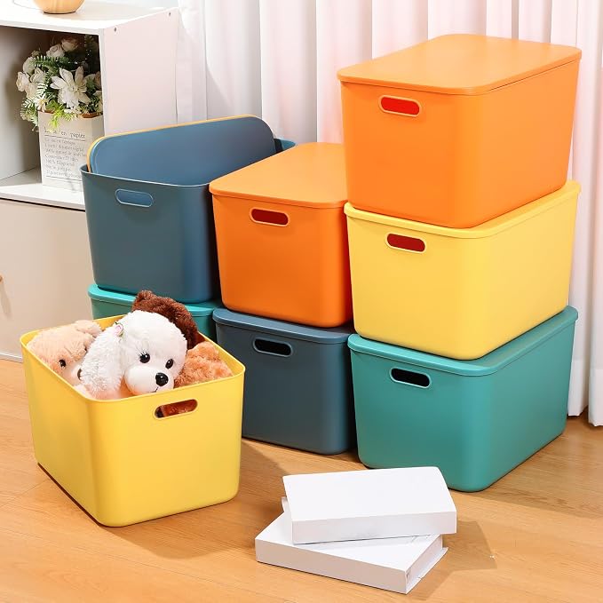 8 Pieces Colorful Storage Bins with Lid, Plastic Storage Basket Organizing Container Stackable Box with Handle for Shelves Desktop Playroom Office(16.1 x 12.0 x 9.7 Inch,Multi-colored) - Image 4