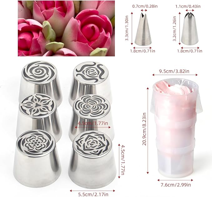 9Pcs Extra Large Russian Piping Tips Set, Stainless Steel Rose Flower Nozzles for Cake Decorating Baking Tools, Includes 6 Extra Large Flower Tips, 2 Leaf Tips, 1 Piping Bag Adapter - Image 3