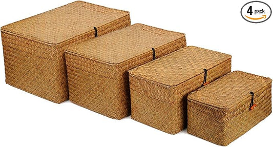 4 Pack, Wicker Baskets with Lids, Natural Seagrass Storage Baskets, Woven Rectangular Basket Bins, Rattan Storage Organizer for Shelf by YANGQIHOME