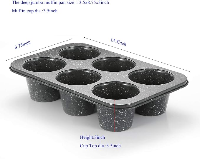 Monfish 2pcs Jumbo Deep Muffin Pan - 6-Cavity Baking Tray, 3.5x3 Inch Cups - Carbon Steel - Black Granite Stone Finish - Extra Large Cupcake Tins for Baking (2 deep muffin) - Image 3