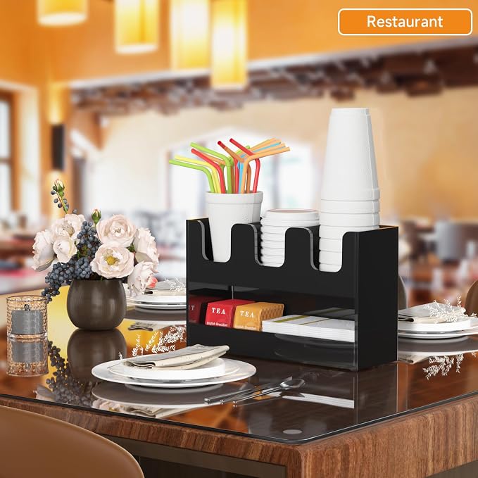 Beego 4-Compartment Cup Holder for Countertop - 2-Tier Black Acrylic Cup Dispenser Coffee Station Paper Cup and Lid Organizer Condiment Storage for Restaurant Breakroom Kitchen Bar Accessories - Image 4