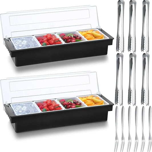 2 Pcs Garnish Tray with Lid for Bartender Condiment Caddy Removable Chilled Fruit Condiment Server with 6 Tong and 6 Fork for Serving Salad Bar Topping Organizer for Restaurant Supply(4 Compartments) by Gandeer