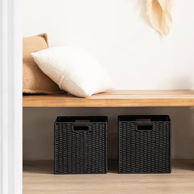 UBBCARE 3 Pack Wicker Basket, 11L×11H×10.5W inch Woven Paper Rope Storage Baskets for Shelves, Foldable Cube Storage bin with Handle, Storage Basket for Organizing & Decor, Black - Image 8