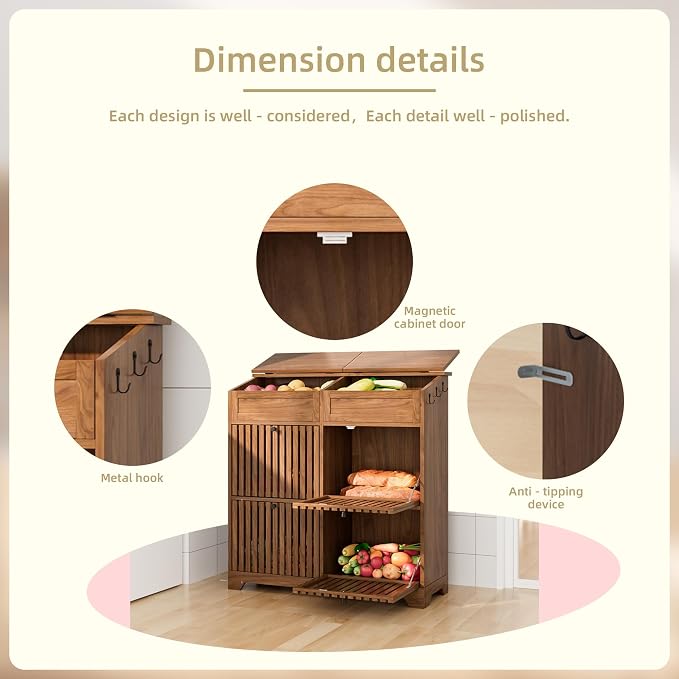 Potato Storage Bins, Fruit and Vegetable Storage, Kitchen Pantry Cabinet | Tall Large Potato and Onion Storage Bin, with 4 Doors, 3 Tier, Mid Century Modern, Wooden, Magnetic Flip top, Walnut - Image 3