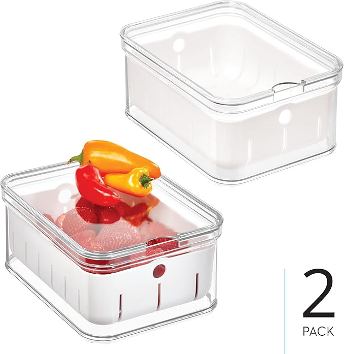 iDesign Small Fridge Berry Bin with Removable Colander Basket and Lid - Set of 2 - Clear/White - Image 2