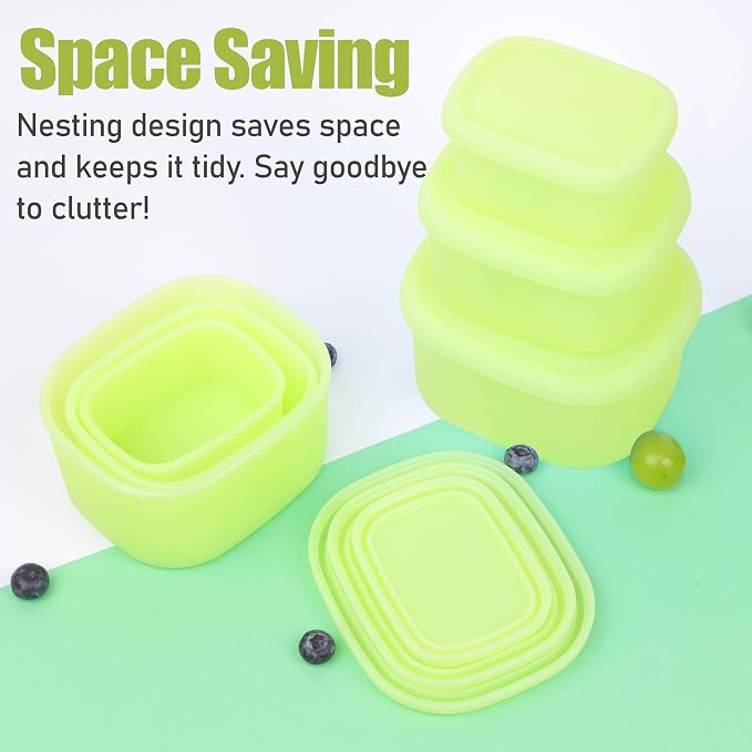 Silicone Food Storage Containers with Airtight Lids, Set of 6, 8oz + 16oz + 24oz, Nesting Meal Prep Container for Lunch, Leftovers, Fruits, Dishwasher & Microwave & Freezer Safe, Green + Blue - Image 5