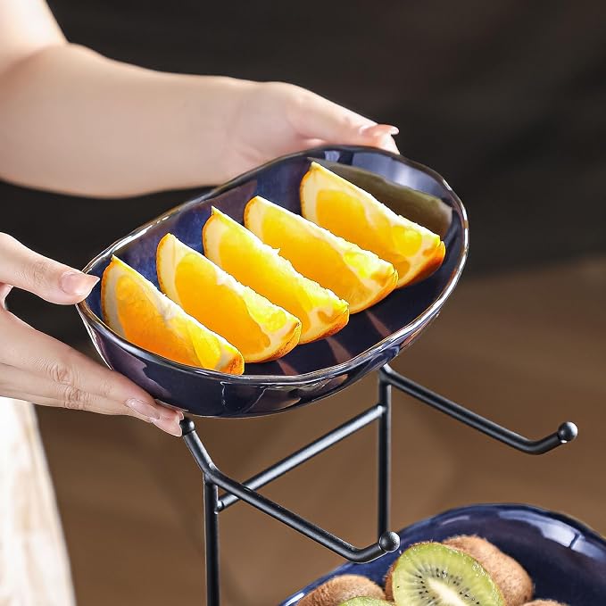 2-Tier Fruit Bowls for Kitchen Counter,Dark Blue Ceramic Bowl with Black Metal Stand,2 Tier Fruit Basket for Fruit,Snack,Cake,Nuts,Dessert Storage - Image 4