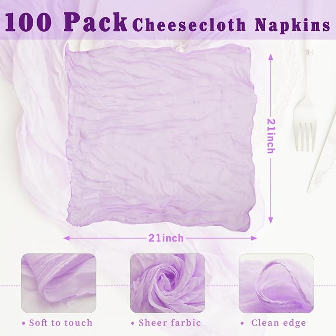 100 Pack Lilac Cloth Napkins 21x21 Inches Lilac Cheesecloth Napkins Set of 100 Washable Dinner Table Napkins for Wedding Bridal Baby Shower Rustic Boho Cotton Gauze Family Gathering Table Decor - Image 3