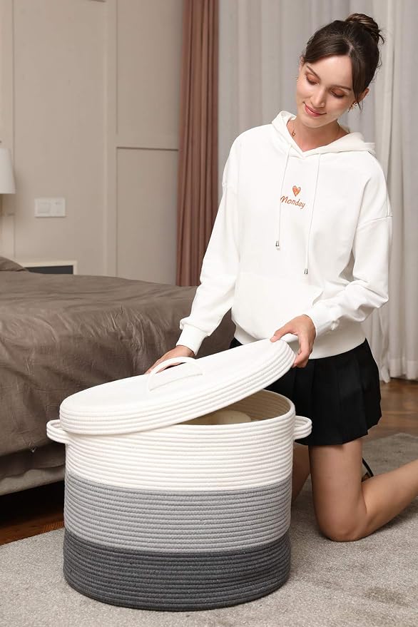 20x15 Inch Extra Large Round Cotton Rope Storage Basket with Lid, Decorative Woven Bin with Cover for Living Room Bedroom Closet, Grey & Dark Grey - Image 7