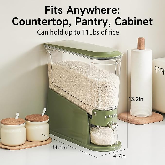 UFORU Slim Rice Dispenser 11 LB,Clear Rice Storage for Small Spaces | Green,BPA-Free Sealed Design for Rice, Grain and Cereal,Rice Container Fits Narrow Pantry Shelves and Countertops - Image 6