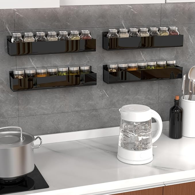 PMMASTO Adhesive Acrylic Spice Rack Organizer for Wall with Nano Double Sided Tape, Spice Shelf Organization for Kitchen Cabinet Door/Pantry Door, Wall Mount Seasoning Rack (Black - 4 Pack) - Image 3
