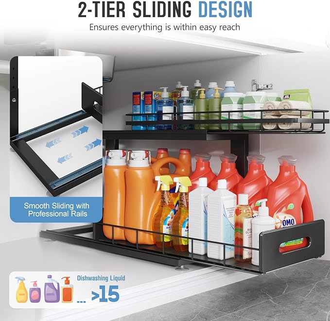 Under Sink Organizer Upgrade To Professional Rails,2-Tier Dual Pull Out Cabinet Storage,Height Adjustable Slide Out Drawers For Bathroom Kitchen,1 Pack-21"Dx12.8"-16.9"H,Black - Image 5