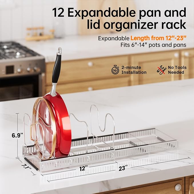 MUDEELA Expandable Pot Pan Lid Organizers inside Cabinet, 12 Divider-Silver | Expandable 11.8–22.9", 12 Adjustable Divider, Tool-Free Assembly, Non-Slip, Scratch-Proof, For Pan Lid Cutting Board Bakeware - Image 2