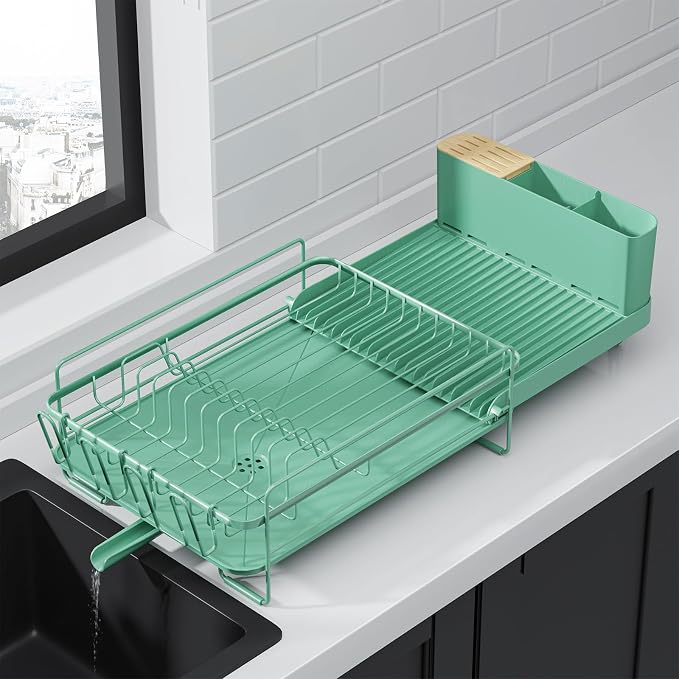 Kitsure Extendable Dish Drying Rack, 19.2"-26.7" L x 12.9" W, Green | Large Dish Rack, Multifunctional Dish Rack for Kitchen Counter, Anti-Rust Dish Drainers with Cutlery & Cup Holders by Kitsure