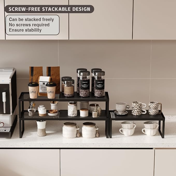 Magheo Expandable Cabinet Shelf Organizer, 2 Pack Stackable Kitchen Counter Shelf Riser, Metal Spice Rack Heavy Duty Countertop Organizer Storage for Kitchen, Pantry, Cupboard, Rv (5.9in Height,Black) - Image 3