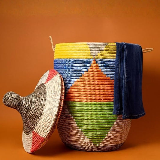 Wicker Laundry Basket, Colorful Triangles, Large, 18" Wide by Senegalo