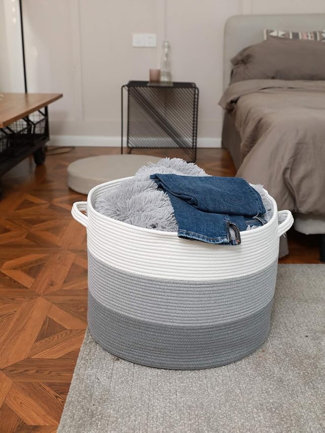 20x15 Inch Extra Large Round Cotton Rope Storage Basket with Lid, Decorative Woven Bin with Cover for Living Room Bedroom Closet, Light Grey & Grey - Image 4