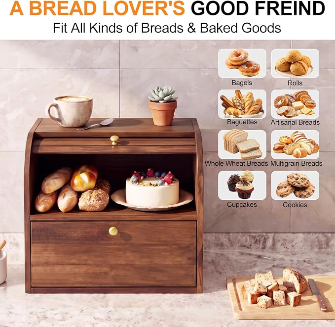 Alpeir Roll Top Bread Box with Cutting Board for Kitchen Countertop, Brown | Large Breadbox with Ventilation Holes, Double Layer Pantry Shelf, Wooden Homemade Bread Storage Container, Vintage Farmhouse - Image 5