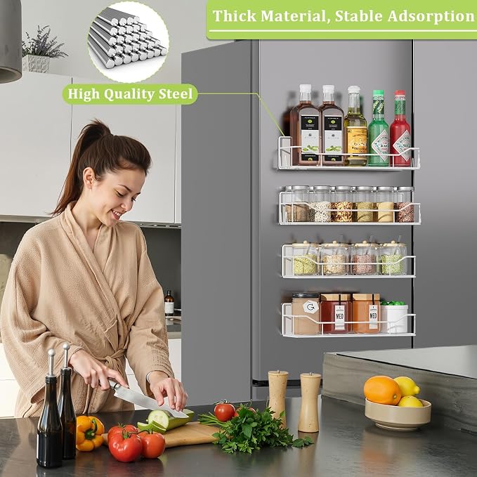 Magnetic Spice Rack for Refrigerator, 4 Pack Metal Strong Magnet Spice Organizer Shelves, Magnetic Fridge Shelf for Kitchen Seasoning Organizer Gadgets, Home Organization and Storage (White) - Image 6