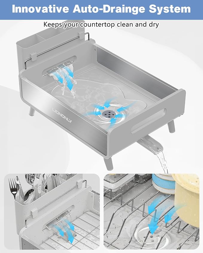 Dish Drying Rack, Thicker Premium Aluminum Frame and 304 Stainless Steel Plate Rack for Kitchen Counter, Automatic Drainage Spout, Dish Drainer & Drainboard Set with Utensil Holder, White - Image 2