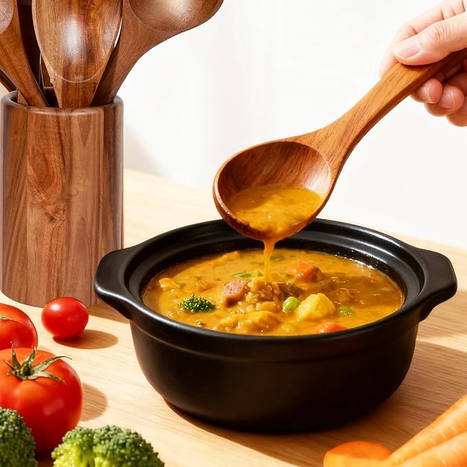 MYRAINBOW Wooden Spoons for Cooking, 10-Piece Teak Wooden Cooking Utensil Set with Holder, Nonstick, Heat Resistant Kitchen Utensils, Durable Wooden Cooking Spoons, Kitchen Cooking Gifts for Women Men - Image 7