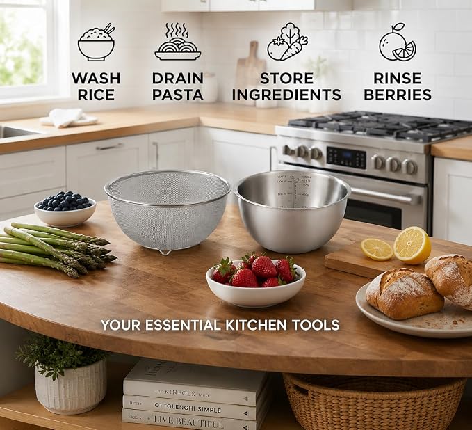 18/8 Stainless Steel Colander with Mixing Bowl, 1.5QT | 1 nesting mixing bowls with measurement marks and 1 fine 30-mesh strainers for rice,vegetables, pasta, baking, and food prep - Image 5