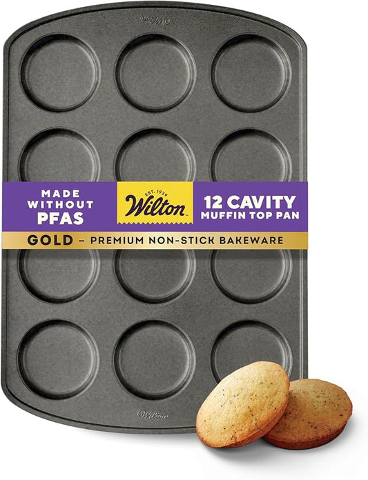 Wilton Gold Non-Stick Muffin Top Pan, Stainless Steel, 11 x 16 in. | Non-Stick Steel with Scratch-Resistant Coating, Resists Warping, Extended Handles, Dishwasher Safe, Perfect for Muffin Tops by Wilton
