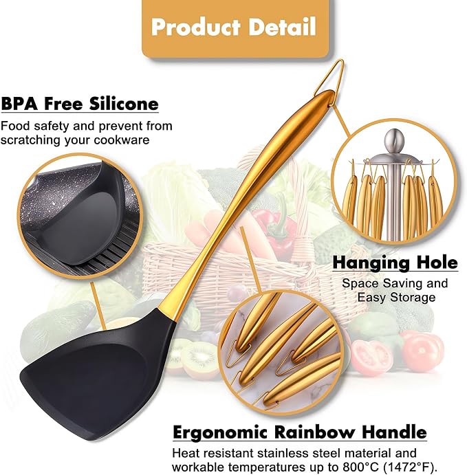 Silicone Cooking Utensils Set, 17pcs Kitchen Utensil Set with Rotatable Holder, Heat-Resistant Silicone Utensils for Cooking, Non-Stick Spatula Set with Stainless Steel Handle,Turner,Ladle (Gold) - Image 3
