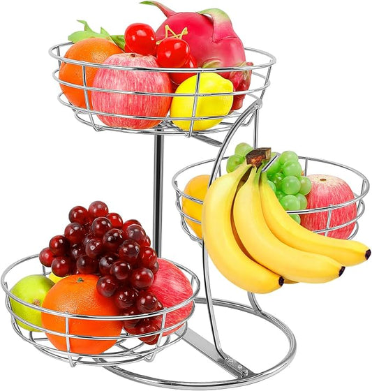 Livabber Fruit Basket Bowl with Banana Hanger, Fruit Vegetable Storage Basket with Banana Tree Holder for Kitchen Counter, Detachable Organizer for Bread Snack Produce (Chrome, 3-Tier Metal Base) by Livabber