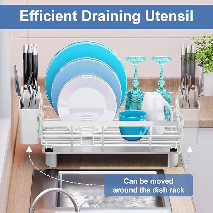 MOUKABAL Dish Drying Rack with Drainboard for Kitchen Counter, White | 13×17 Large Capacity/Rustproof Stainless Steel/Fast Drainage Dish Drainer/Removable Utensil Holder/Kitchen Counter Organizer - Image 5
