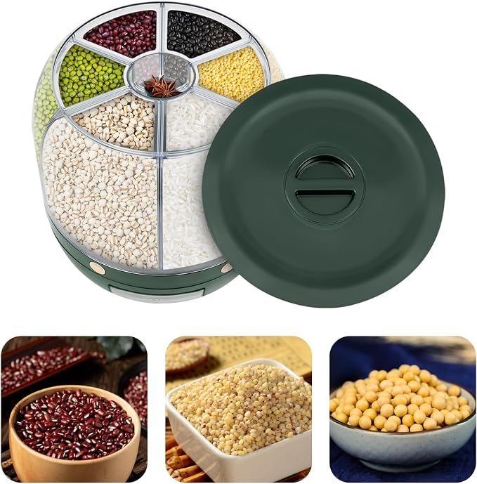 360° Rotating Grain Dispenser With 6 Grids, 13.2lbs Large Capacity Grain Dispenser Rotating Kitchen Storage Containers With Sealed Lid For Peanut Barley Millet And Cereal (Green, 13.2 lbs) - Image 5