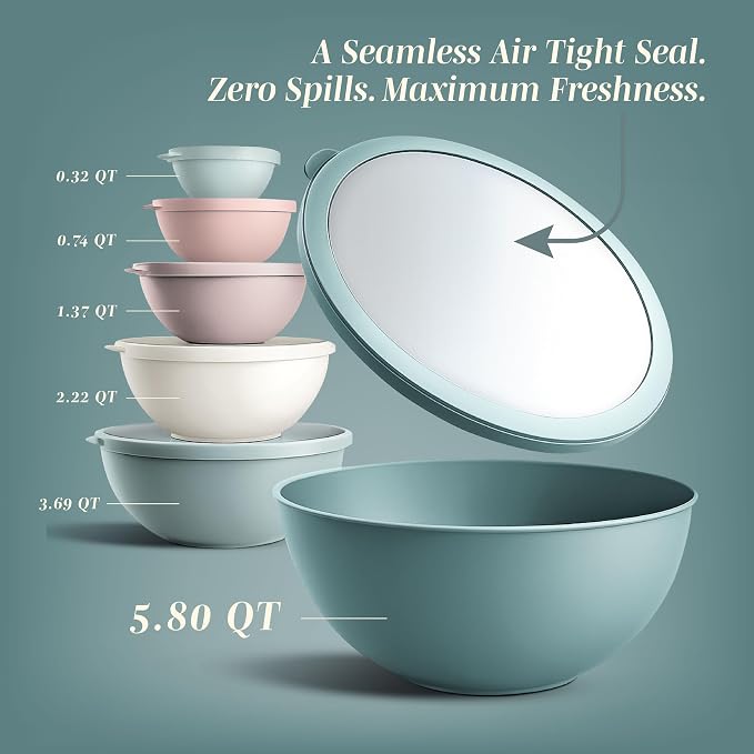 COOK WITH COLOR Mixing Bowls with TPR Lids - 12 Piece Plastic Nesting Bowls Set includes 6 Prep Bowls and 6 Lids, Microwave Safe (Teal) - Image 2