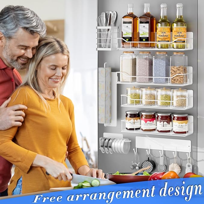Magnetic Spice Rack for Refrigerator,8 Pack Magnetic Fridge Shelf, Moveable Spice Organizer with Hook Rack, Paper Towel Holder, Utensil Holder,cup lid holder, Super Magnetic Rack Set (White) - Image 5