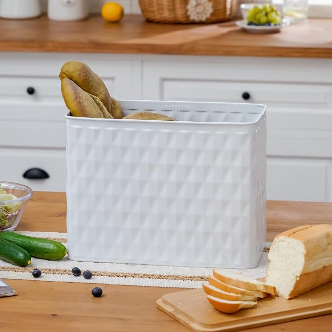 Extra Large Diamond Pattern Embossed Bread Box with Bamboo Lid | Corner Breadbox for Homemade Bread, White Metal Bread Storage Container Bin for Kitchen Countertop, Fits 2 Loaves of Bread - Image 4
