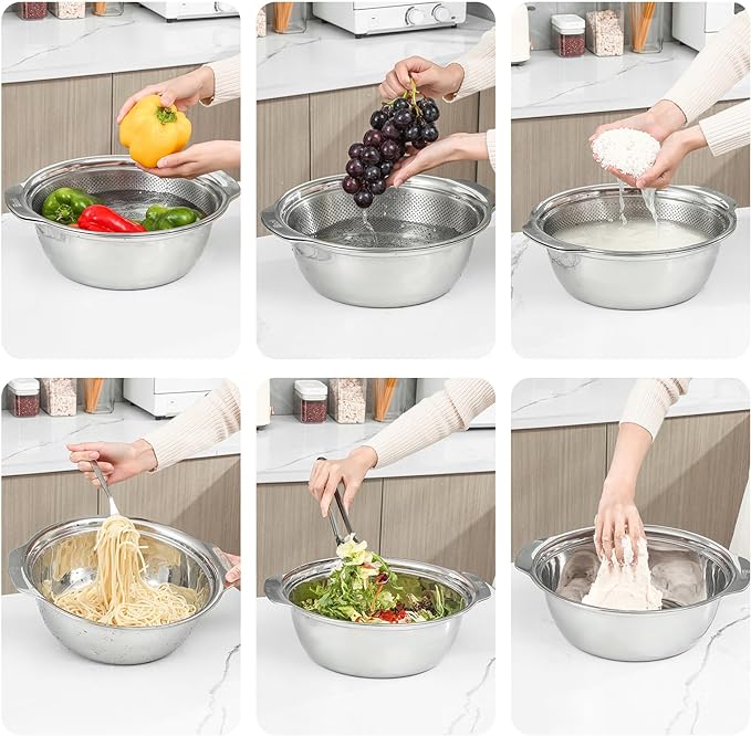 Paoli 304 Stainless Steel Fine Mesh Colander Set, 4QT Large Capacity Strainer with Mixing Bowl — Rinse Fruits, Veggies, Rice & Drain Pasta, Dishwasher Safe (2-Piece) - Image 3