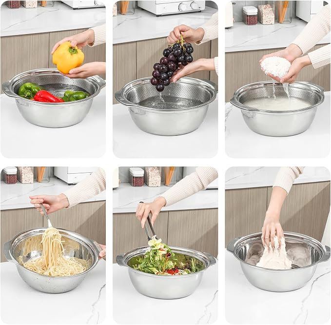 Paoli 304 Stainless Steel Fine Mesh Colander Set, 3.5QT Large Capacity Strainer with Mixing Bowl — Rinse Fruits, Veggies, Rice & Drain Pasta, Dishwasher Safe (2-Piece) - Image 3