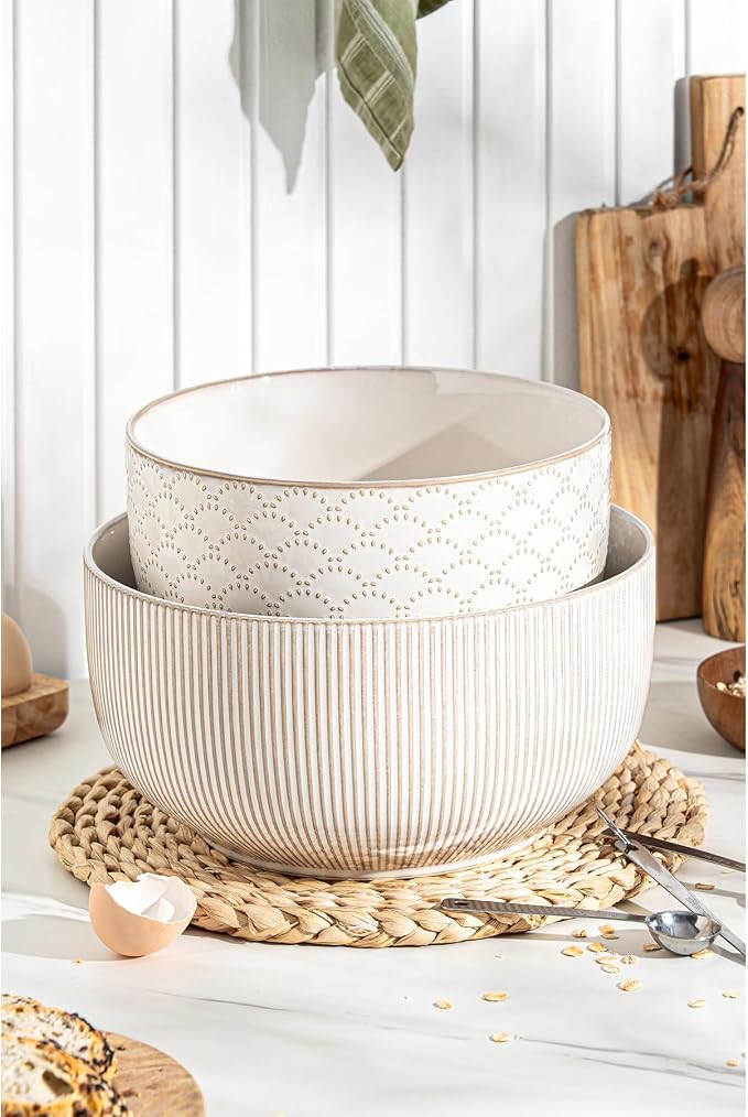 Mikiegy Ceramic Mixing Bowls Set of 2, Nesting Ceramic Embossment Stoneware Mixing Bowls for Cooking, Serving, Popcorn, Salad etc, Microwave & Dishwasher Safe, 98/145 oz, Off-White - Image 2