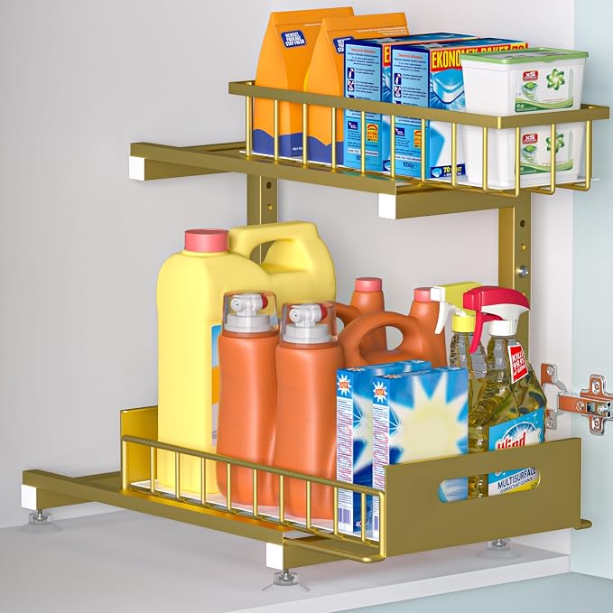 L-Shaped Under Sink Organizer, 2-Tier Pull-out Cabinet Rack 1-Pack | Gold Height-Adjustable Metal Rack, Sliding Grid Drawers with Safety Stopper, Holds 100 Lbs, Ideal Kitchen Cabinet Storage by Saydear