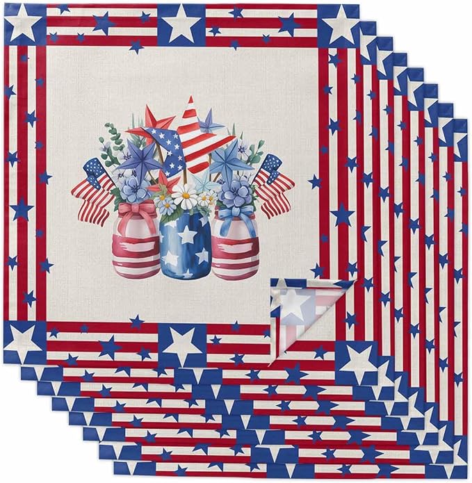 Poppy Flower Patriotic Flag Cloth Napkins Set of 8 - Washable Dinner Napkins Reusable Table Napkins for Home Party Weeding Dining Table Setting Decoration, Independence Day Red Blue Oversized 20"x20" by Unknown