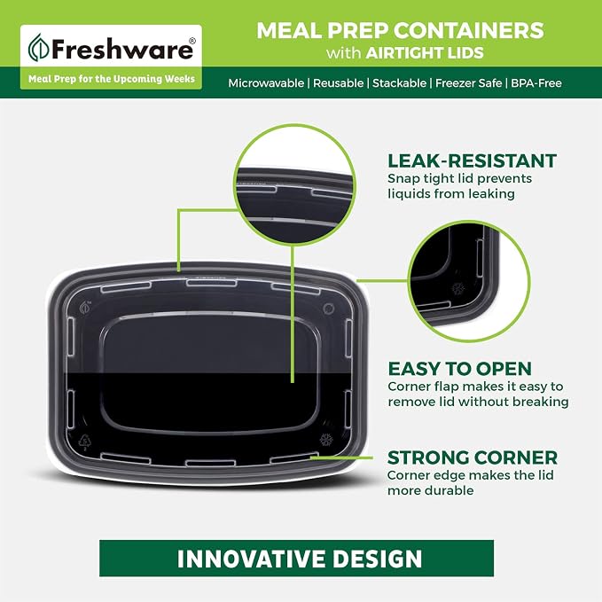 Freshware Meal Prep Containers [150 Pack] 1 Compartment with Lids, Food Storage Containers, Bento Box, BPA Free, Stackable, Microwave/Dishwasher/Freezer Safe (16 oz),Black - Image 5