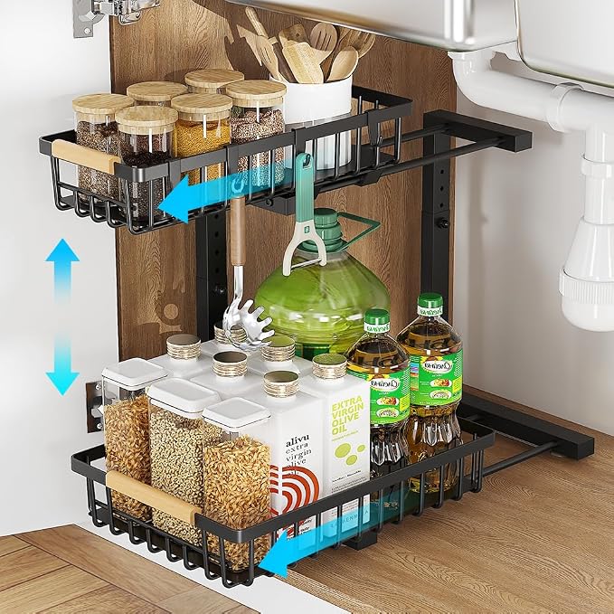 Under Sink Organizer, 2 Tier Metal Under Sink Organizers and Storage, Height Adjustable Slide out Pull out Cabinet Organizer for Kitchen Bathroom by XNREOZLM